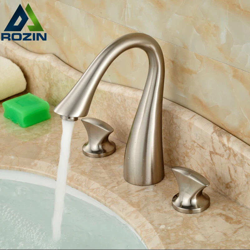 Nickel Brushed Two Handles Bathroom Basin Sink Faucet Deck Mount 3 Holes Basin Vanity Mixer Taps