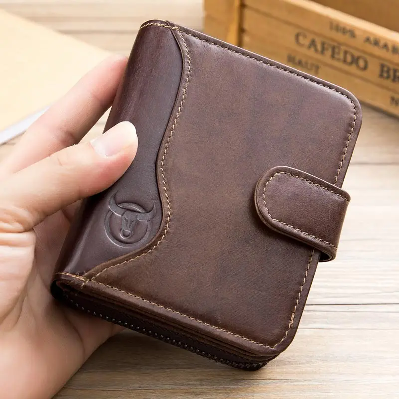 Bullcaptain Cowhide Short Wallet Zipper Coin Bag