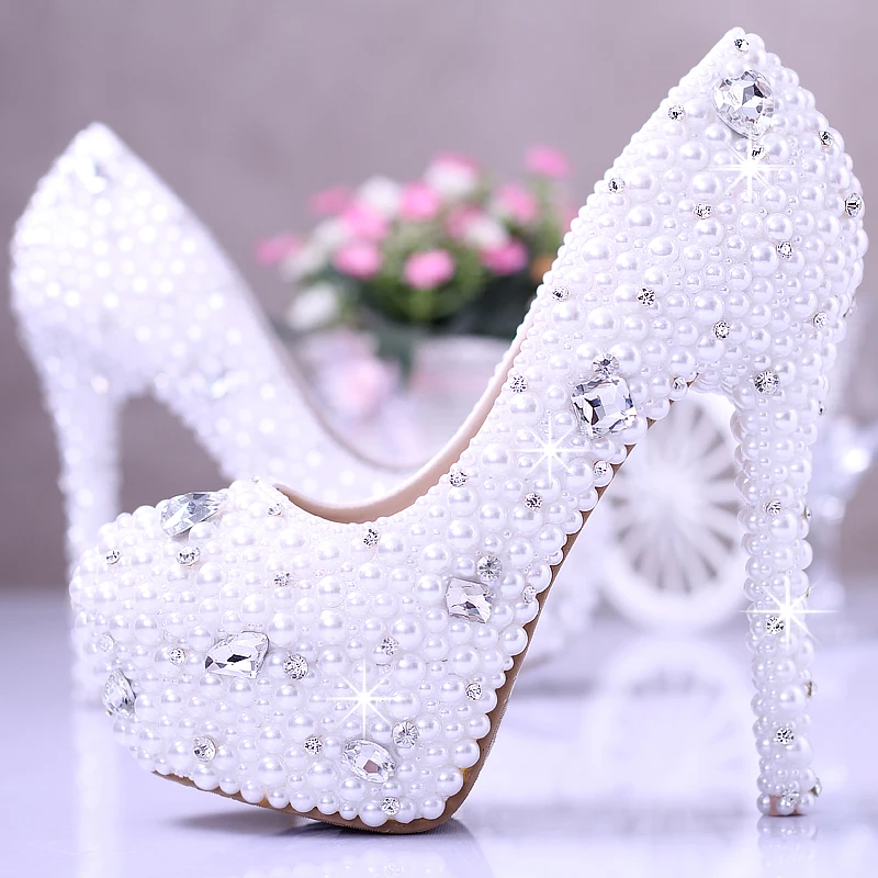 High heels platform shoes elegant white pearl wedding shoes genuine leather font b women s b