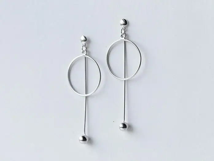 

Lady's REAL. 925 Sterling Silver Jewelry Open Circle & Round BAll Straight Bar Geometric Long Earrings dANGLE GTLE1504