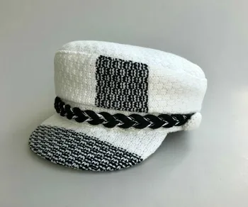 

Vogue White Tweed Military Hat Women Winter Beret Flat Top Black Braid Army Cap Ladies Coloured Headwear Covering Newsboy Cap