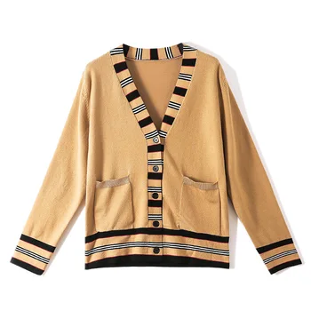 

2019 Autumn Winter Striped Sweaters Single Breasted Classic Retro Cardigan Coat V-neck Long Sleeve Vintage Sweater TS18021