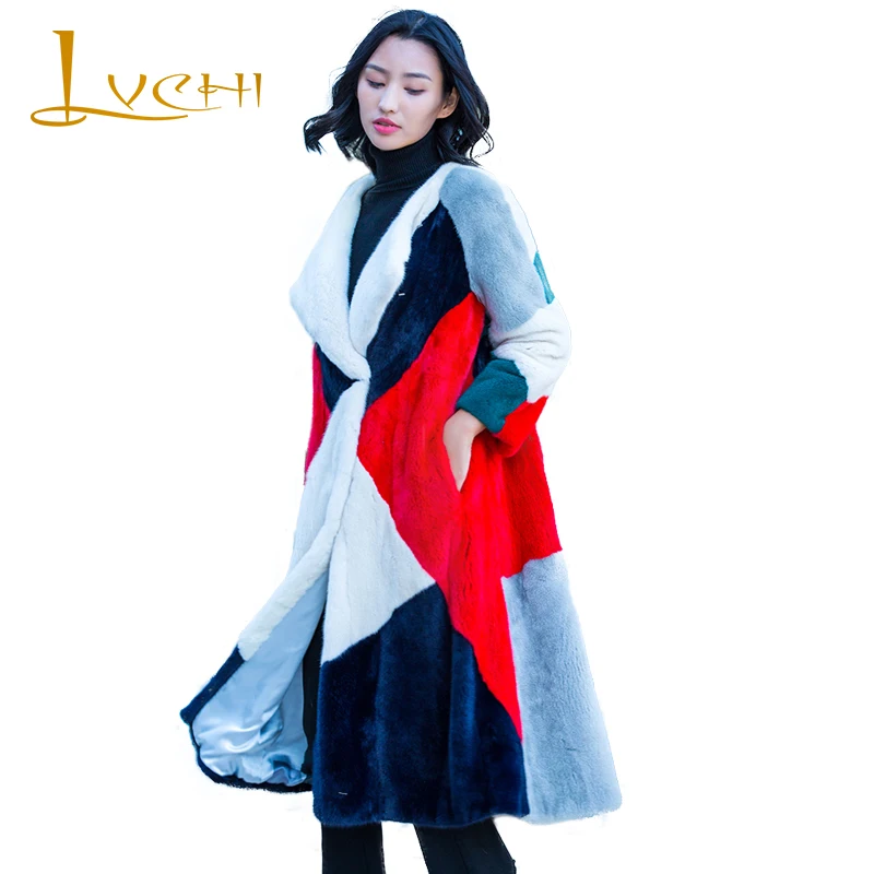 LVCHI зима 2019 настоящая норковая шуба женская девять четвертей куртка с отделкой внахлест длинные Лоскутные красочные тонкие отложной