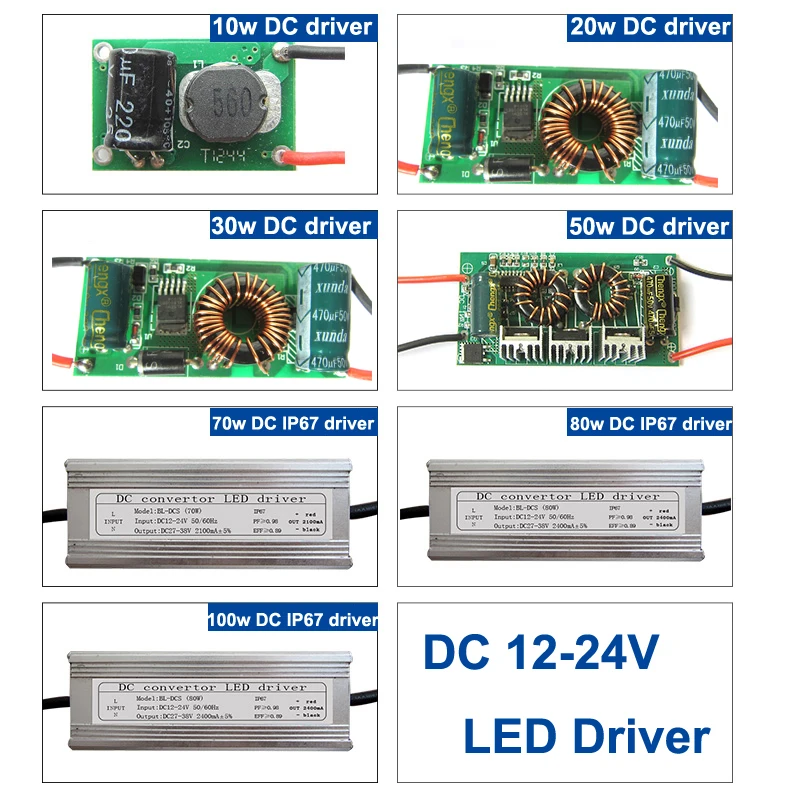 

1pcs 10w 20w 30w 50w Nonwaterproof LED Driver 70w 80w 100w Waterproof IP67 DC 12-24V Power Supply For LED light