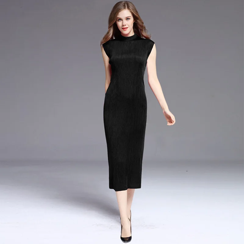 

LANMREM 2019 Summer New Fashion Trend Women Slim Fit Solid Color Pleated Casual Large Size Sleeveless Dress TC054