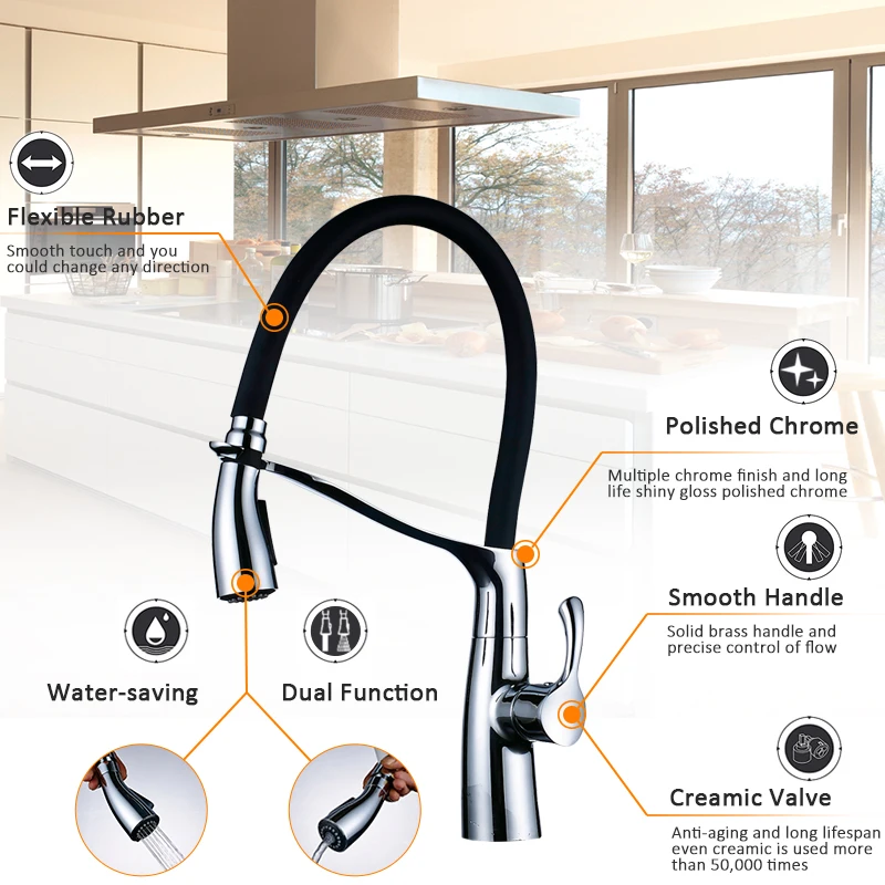  Quyanre Kitchen Faucet Brass Chrome Rubber Kitchen Sink Faucet Pull-out Dual Function Sprayer Singl - 32847083730