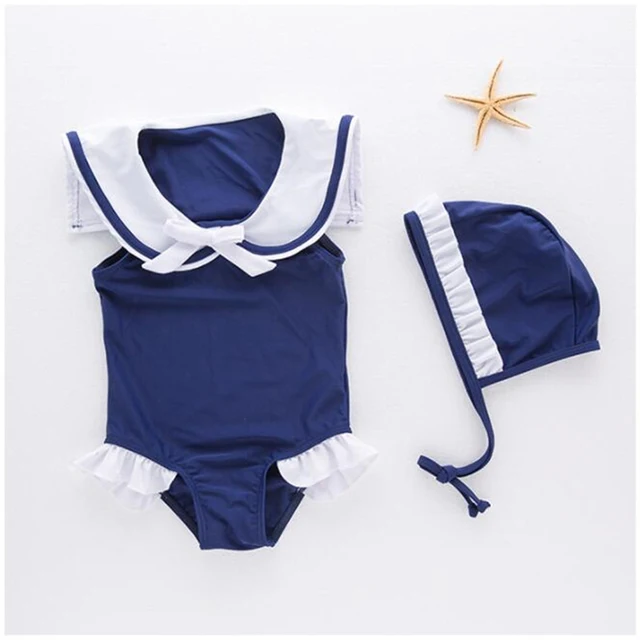 Cheap casul summer Girls One-piece+hat bow elastic Swimsuit toddler babys Vintage Navy style Swim clothing Children's Spa Swimwear Cheap casul summer Girls One-piece+hat bow elastic Swimsuit toddler babys Vintage Navy style Swim clothing Children's Spa Swimwear