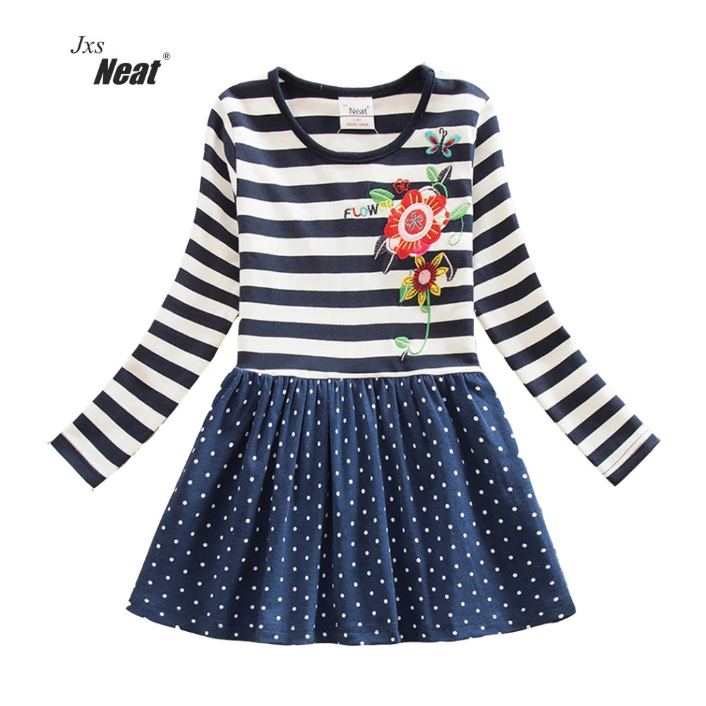 

kids clothes girls States during the spring and autumn embroidered striped wave point long sleeve dresses of the girls