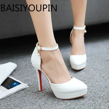 

Apricot White Women Wedding Shoes High Heels Single Shoes A Word Buckles Red Bottom Small Yards30 31 Extra Large Shoes 43 47 48