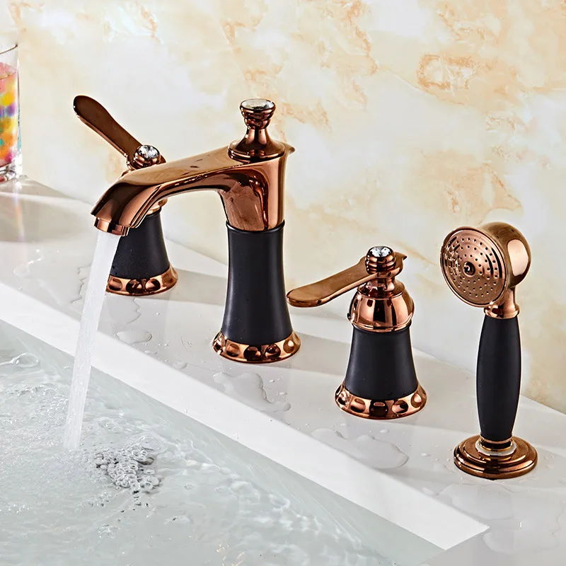 

European-style rose gold all-copper split faucet three holes four hole faucet faucet hot and cold water