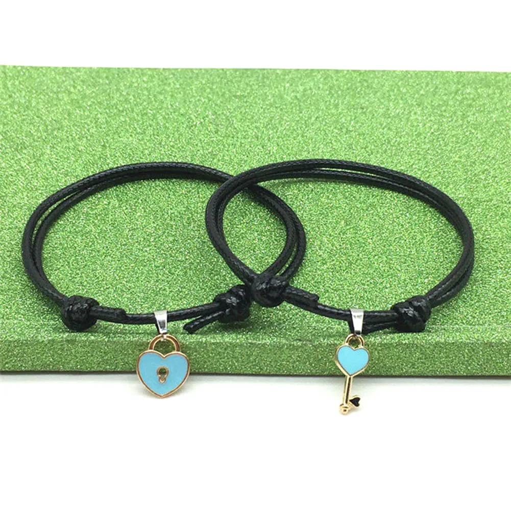 2Pcs/Lot Key Heart Lock Charm Bracelets For Woman Men Fashion Simple Wristband Jewelry Rope Chain Couple Bracelet Pulseras Gifts - Окраска металла: blue