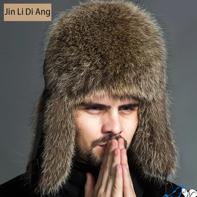 

Jin Li Di Ang Men Real Natural Real Raccoon or Fox Fur Bomber Hat Winter Genuine Leather Warm Thick Warm Male Ear Hats