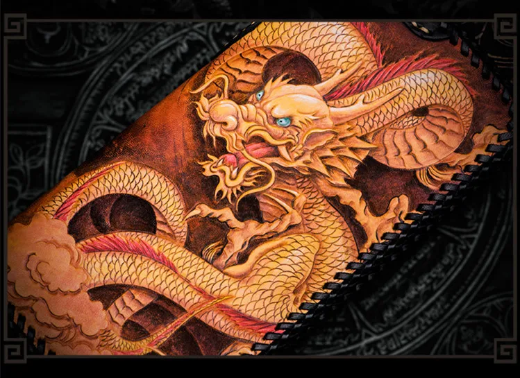 Высококачественные кошельки ручной работы с резьбой в китайском драконе, кошельки на молнии, мужские длинные клатчи, кожаный бумажник с растительным дублением, держатель для карт