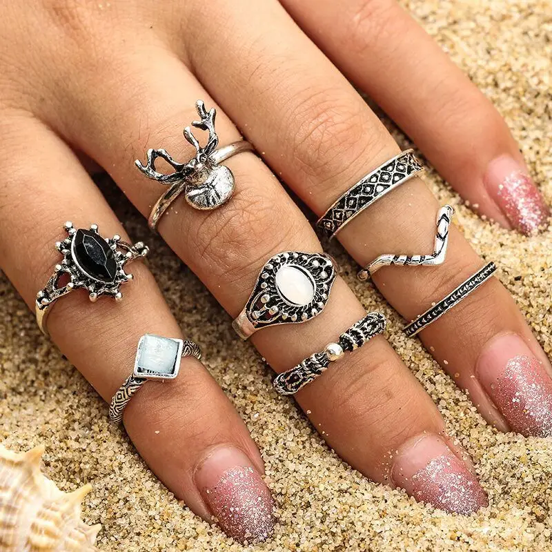 IFFURMON Rings For Women Black Stone Hot Fashion Statement Silver Color Rings Bohemian Wedding