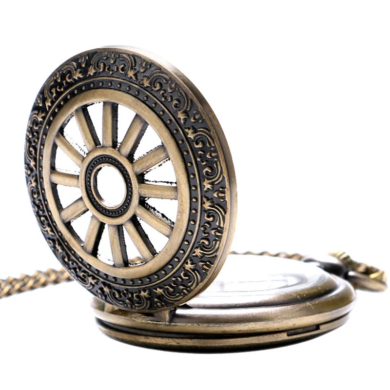Antique Pocket Watch Hollow Bronze Carriage Wheel Cover Pendant Chain Retro Fob Watches Special Gifts for Boxing Day Birthdays (4)