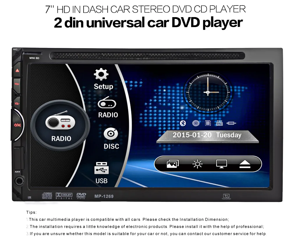 Universal 2 Din Car Stereo DVD CD Player 7 inch Touch Screen Suppport