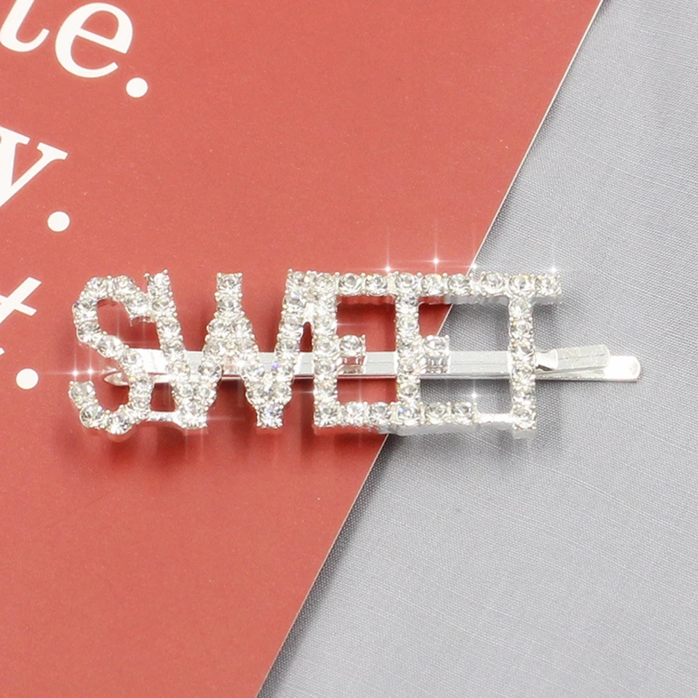 8 Styles Silver Diamond Rhinestone Letter Hair Clips Hairpin Bangs Clip Sweet Barrette Hairclips Hair Accessories - Color: Sweet