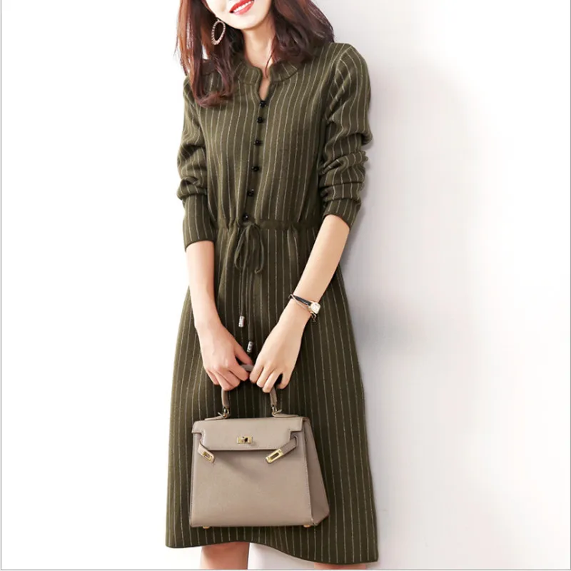 Elegant Women Striped Woolen Knitted Dress Fall Winter Office Lady Drawstring Nipped Waists Formal Dress For Women A-Line Dress (4)