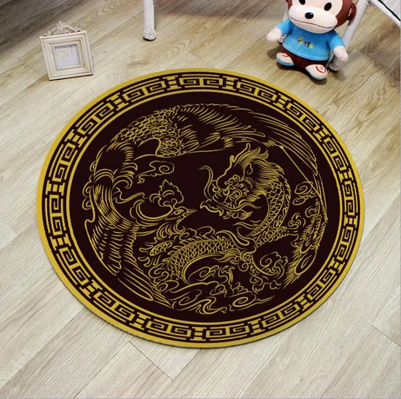 60 80cm Round Carpets Dragon And Phoenix Print Carpet Anti Slip