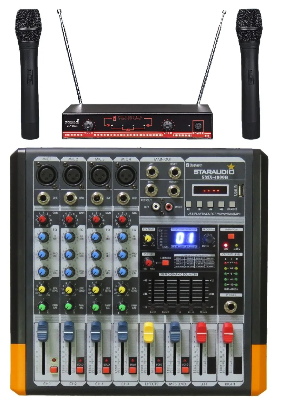 

STARAUDIO 4 Channel 2000W Powered Amplifier MP3 Bluetooth USB SD 16 DSP Mixer with 2CH UHF Wireless Mic SMX-4000B