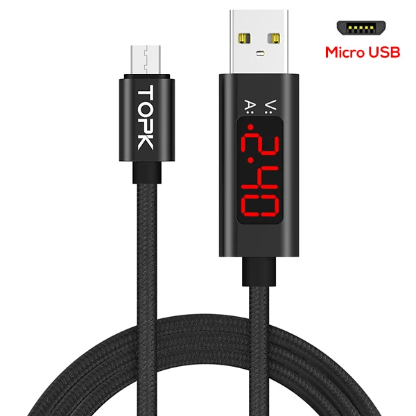 Micro USB кабель TOPK AC27 1 м с дисплеем напряжения и тока, нейлоновая оплетка, Прочный usb кабель для зарядки и синхронизации данных - Цвет: Black