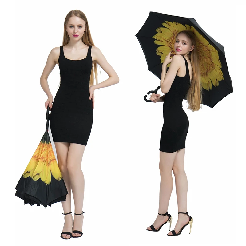 Складной обратный зонтик, двойной слой, перевернутый, ветрозащитный, дождевик, автомобильный Зонтик для женщин, C образной ручкой, длинная ручка, дождевик