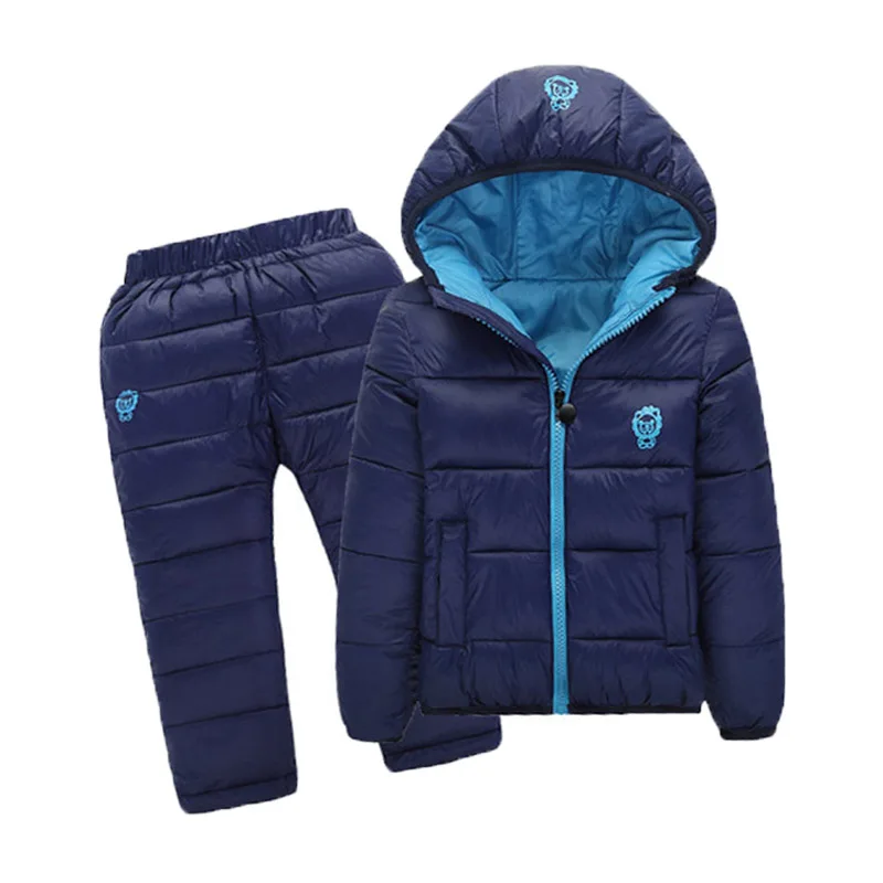 Детские зимние комбинезоны; осенняя куртка; пуховые хлопковые пальто; куртки; комплект одежды для маленьких девочек и мальчиков; Верхняя одежда для детей; пальто и брюки - Цвет: Dark Blue 2pcs