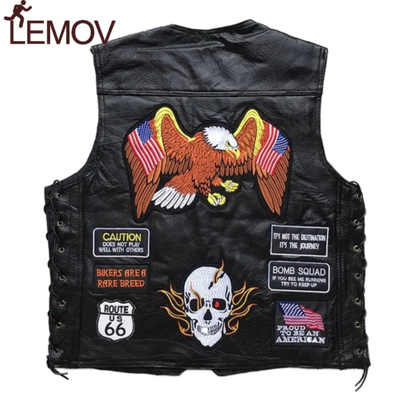 

LEMOV 23 Embroidered Badge Black Genuine Cattle Leather Hiking Vest Wind Proof Punk Single Metal Button Motorcycle Vest with Bag