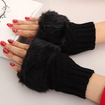 

Women Winter Fur Woolen Knitted Fingerless Trim Gloves Arm Wrist Warmer Gloves