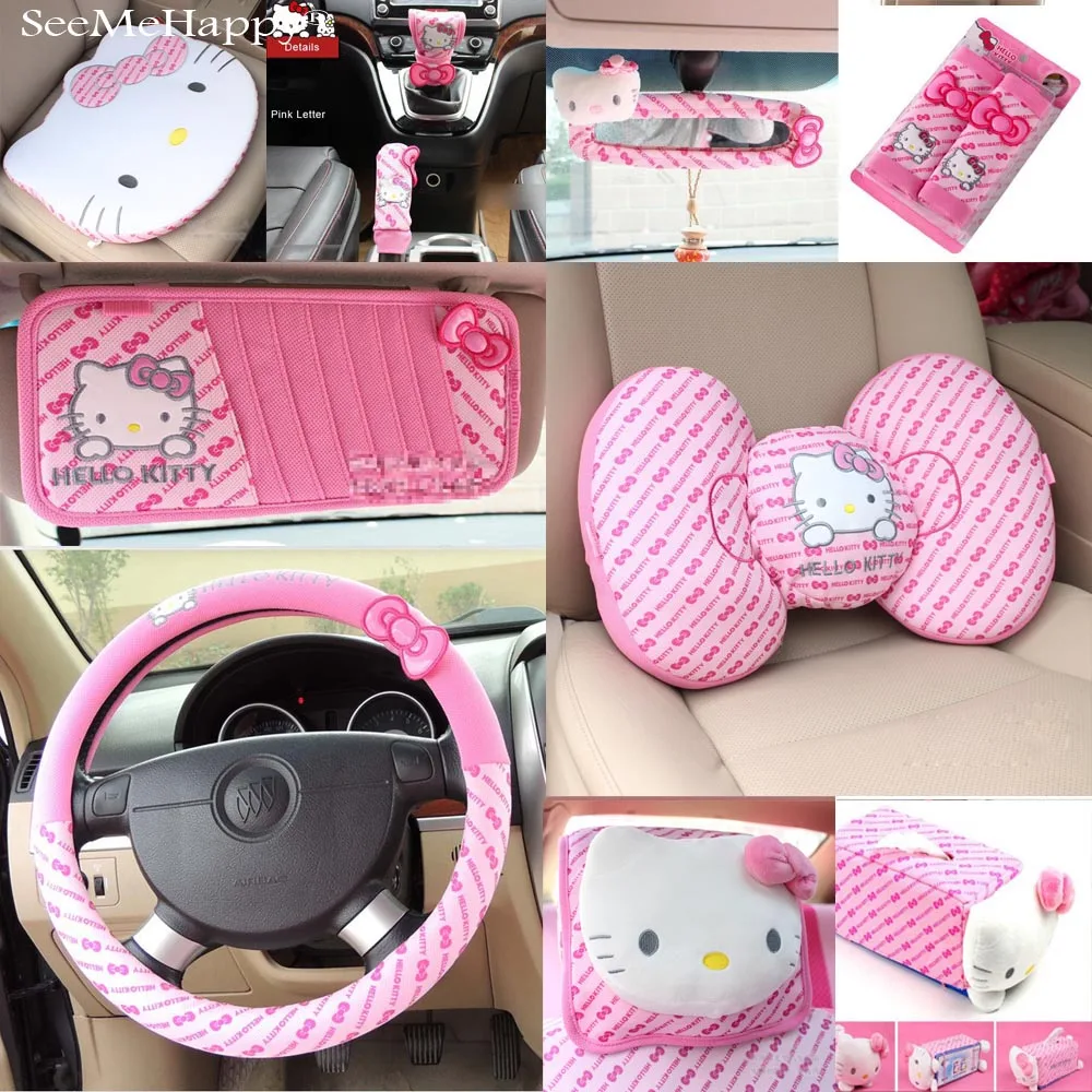 Pink Cat Car Styling Car Seat Interior Accessories Cat Car Steering Wheel Cover Safty Belt Handbrake Gears Cover