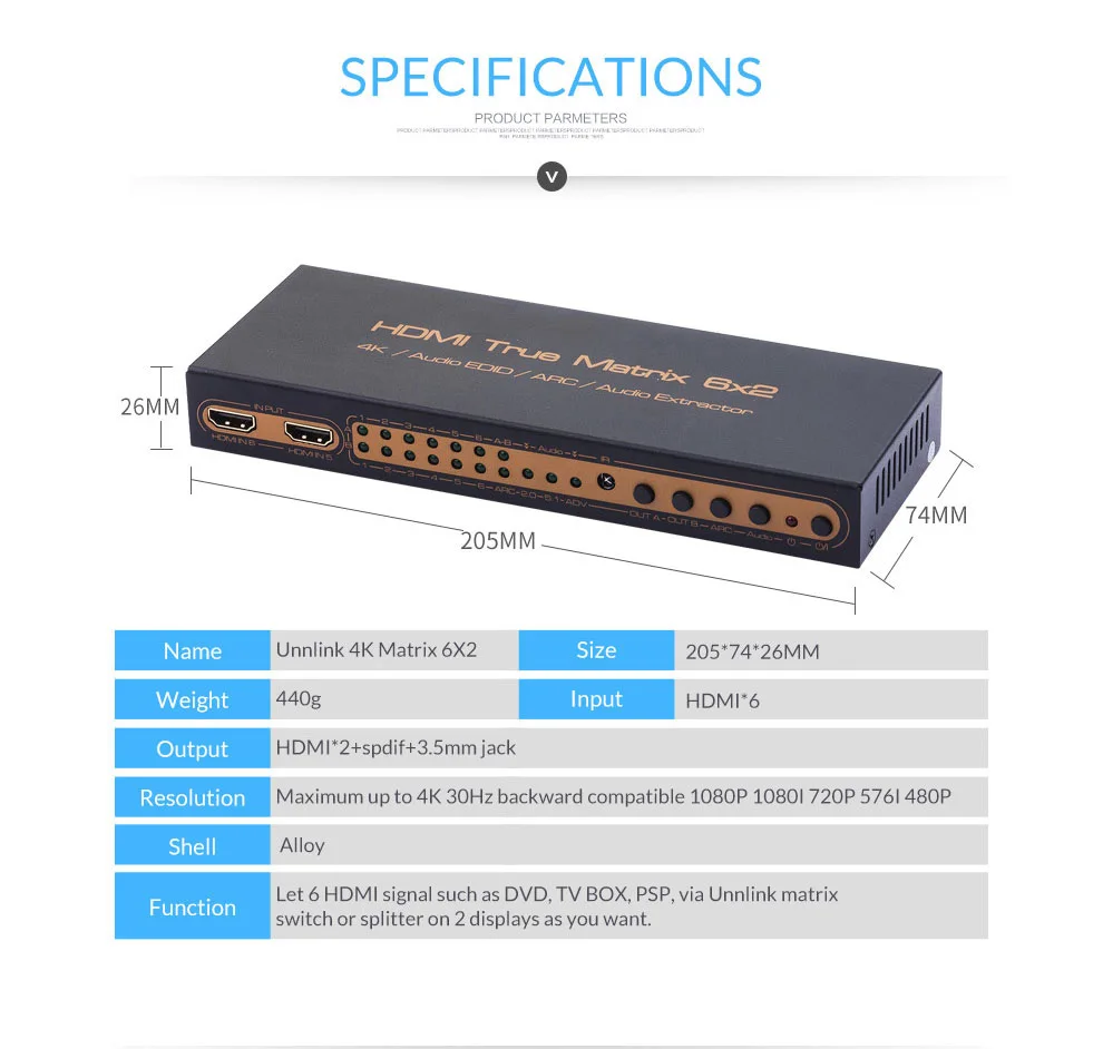 Unnlink HDMI Matrix 6x2 UHD 4K@ 30 коммутатор сплиттер 6 в 2 выход аудио экстрактор HIFI 5.1CH Toslink+ 3,5 мм Jack ARC для ТВ стикер