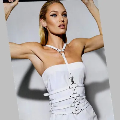 

HARNESS, US style leather strap body harness with detachable removable collar around neck adjustable buckles 3 line waist belts