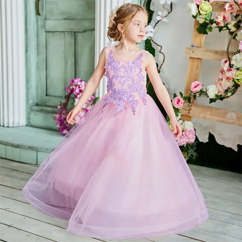 Детская одежда для девочек; кружевные Детские платья подружки невесты с цветочным узором; детское платье принцессы; Длинные вечерние платья для торжеств; Cosutme - Цвет: Purple 2
