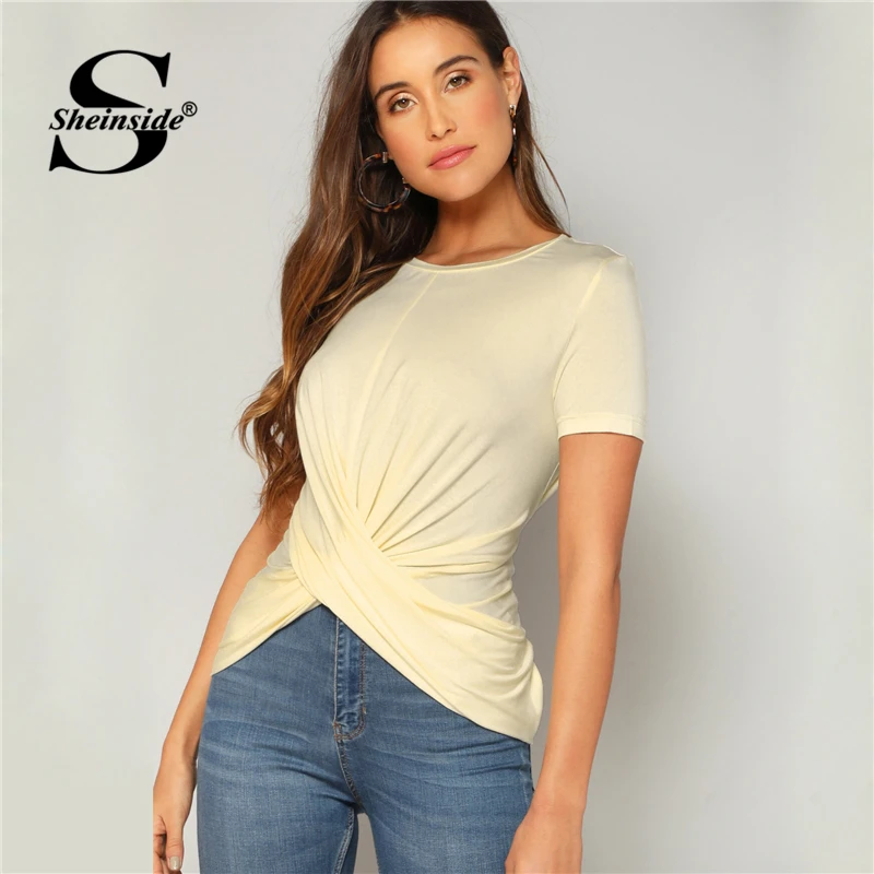 

Sheinside Criss Cross Wrap Front Knot Back Tee Shirt Femme Summer Top 2019 Apricot Slim Fit Elegant Solid Womens Tops and Tees