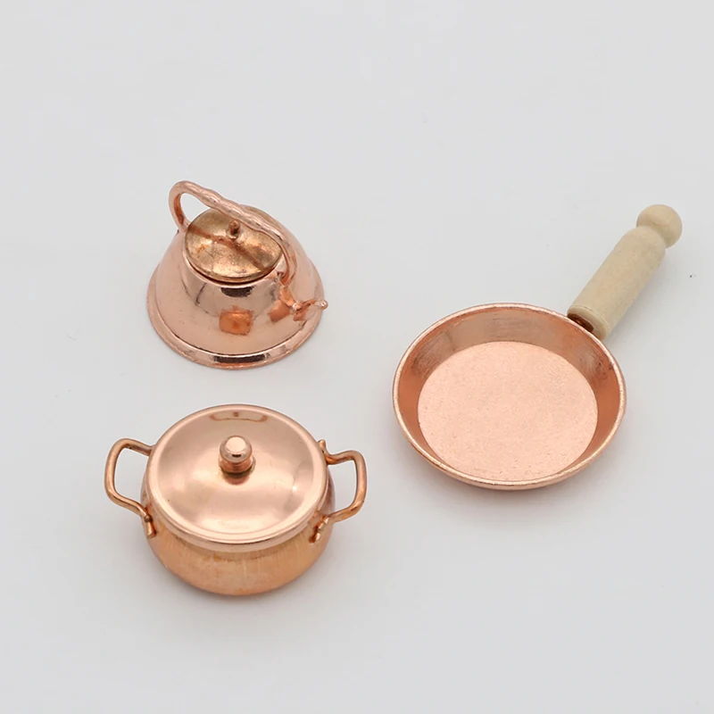 3pcs/Set Dollhouse Miniature Bronze Frying Pan Cooking Pot Kettle Cookware Kitchen Cooking Kit Dolls Accessories 1:12 Scale doll accessories,plush doll accessories