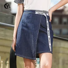 OUYALIN L-3XL 4XL 5XL Плюс Размер Женская летняя джинсовая юбка женские Асимметричные кружевные мягкие синие хлопковые мини юбки