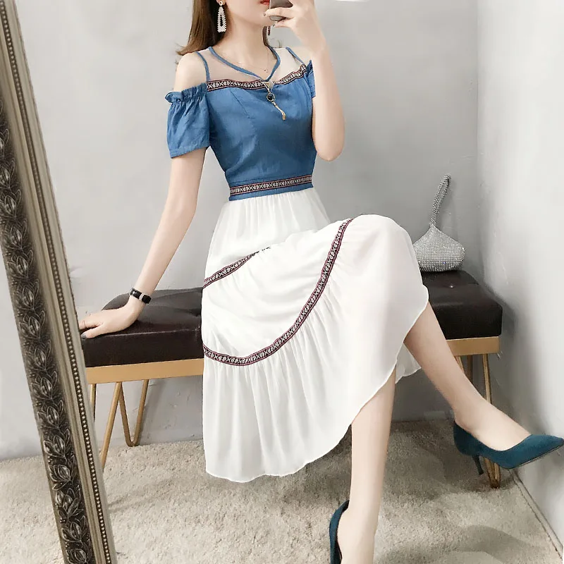 

New Chiffon Dress Women 2019 Summer Elegant Off Shoulder Dresses Female Patchwork Long Dress Ladies Vintage Robe Femme Plus Size