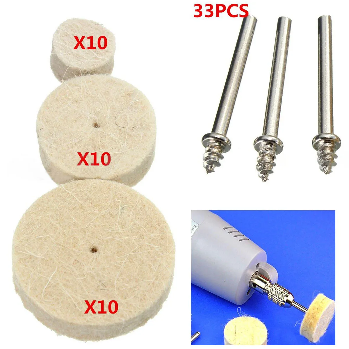 33pcs Wool Felt Polishing Buffing Wheel Mixed Set Accessory 13/25/30mm Dia. With Handles for Rotary Tool Abrasive Tools Mayitr