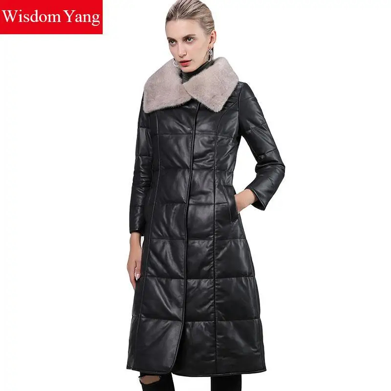 Winter Warm Black Real Sheepskin Genuine Leather Down Coat