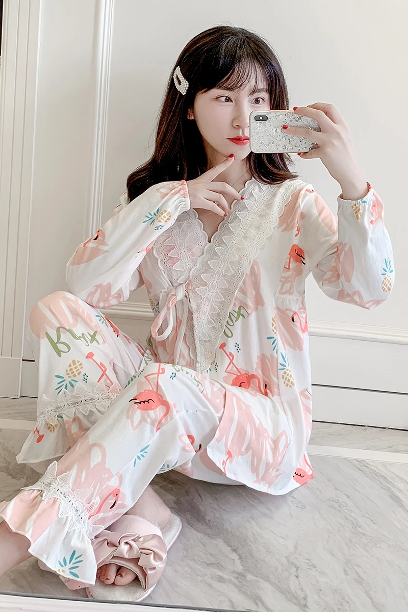 Милая Пижама для нимфетки принцессы; летняя свободная и удобная пижама из чистого хлопка с длинными рукавами и v-образным вырезом; пижама с принтом; QQ0150