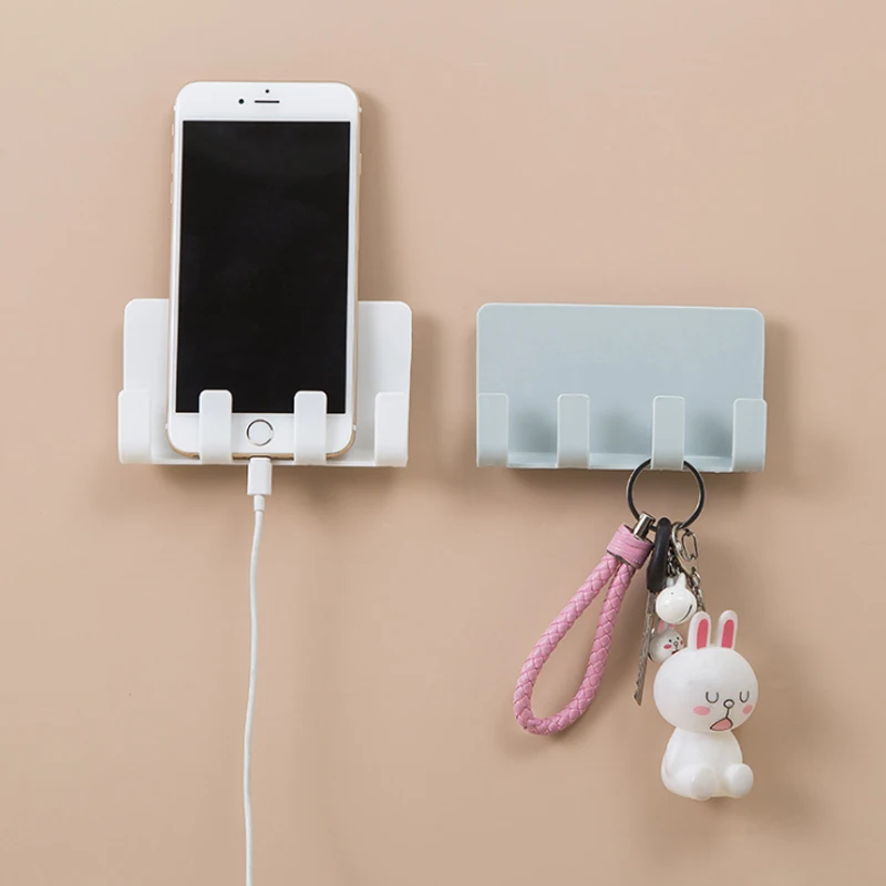 

Wall Mount Phone Holder Socket Charging Box Wall without Trace 4 Hook Storage Rack Bracket Stand Holder Shelf Mount