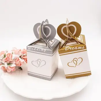 

Free Shipping 5.5*5.5*7cm gold silver double heart wedding sweet boxes for guest , 200 pcs /lot , ZJ23