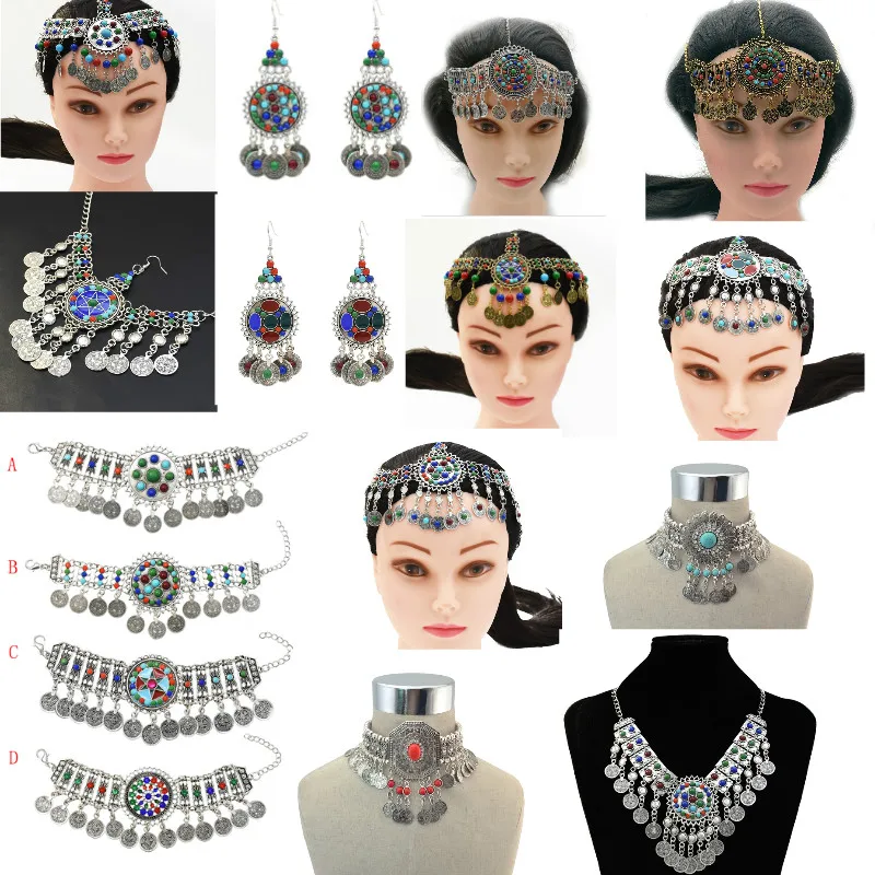 Ретро богемное ожерелье с монетами и бусинами, висячие серьги, браслет, цепочка на голову, головной убор, племенная Этническая Цыганская индийская джумка, ювелирный набор