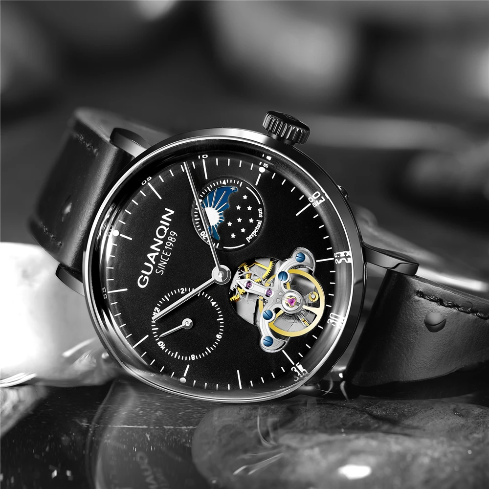 Мужские автоматические механические часы GUANQIN Tourbillon роскошные кожаные
