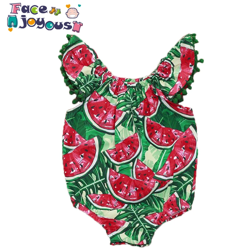 

Facejoyous Summer Baby Girls Red Watermelon Pattern Cotton Rompers O-neck Petal Sleeve Three-legged Romper Kids Clothes 0-18M