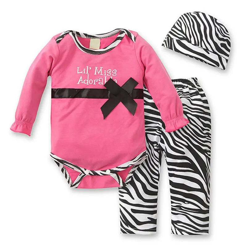 Детские комплекты одежды из 3 предметов для маленьких девочек Боди-костюм с бантиком, комбинезон+ длинные штаны с зеброй+ шапка, костюм P1 - Цвет: 1