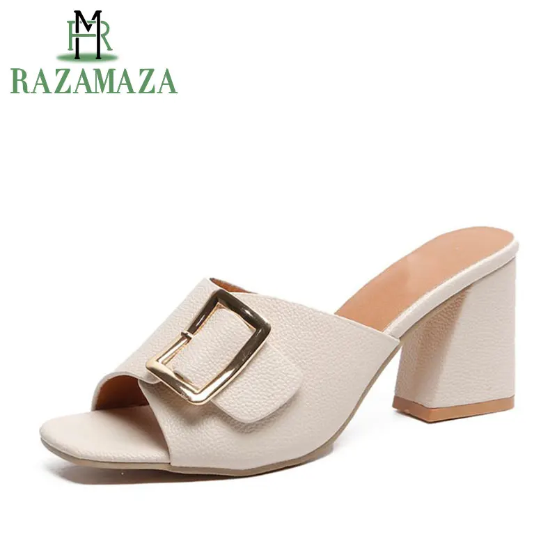 

RAZAMAZA Office Ladies 5 Colors Simple Metal Buckle Sandals Square Heel Party Wedding Shoes Women High Heel Sandals Size 35-40