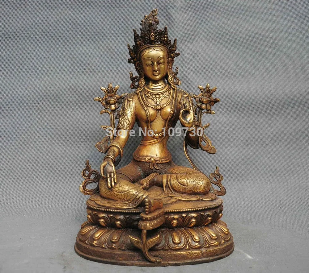 bir 002176 14"Chinese Tibet Folk temple Bronze Gild Green Tara GuanYin Bodhisattva Statuestatue