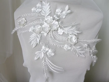 

1 Piece/1 Pair Exquisite Ivory White 3D Flower Lace Applique Embroidery DIY Sewing Trims For Wedding Dress, Bridal Gowns