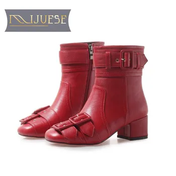 

MLJUESE 2019 women ankle boots cow leather buckle strap red color fashion high heels boots winter short plush warm boots